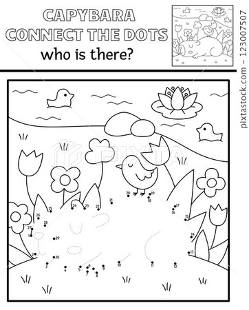 Vector line capybara dot-to-dot and color activity with cute animal sleeping among flowers, nature scene. Capibara black and white connect the dots game, coloring page for children 123007507