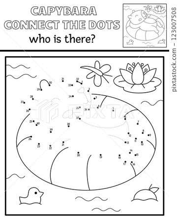Vector line capybara dot-to-dot and color activity with cute animal swimming on floaty, nature scene. Capibara black and white connect the dots game, coloring page for children. Who is missing 123007508