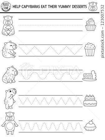 Vector black and white handwriting practice worksheet with capybaras and cakes. Printable line activity for preschool kids with animals. Tracing game, coloring page. Help capibaras eat yummy dessert Vector black and white handwriting practice worksheet with capybaras and cakes. Printable line activity for preschool kids with animals. Tracing game, coloring page. Help capibaras eat yummy dessert 123007532