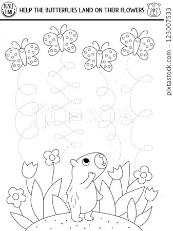 Vector black and white handwriting practice worksheet with capybara and butterflies landing on flower. Printable line activity for preschool kids with animals. Tracing game, coloring page Vector black and white handwriting practice worksheet with capybara and butterflies landing on flower. Printable line activity for preschool kids with animals. Tracing game, coloring page 123007533