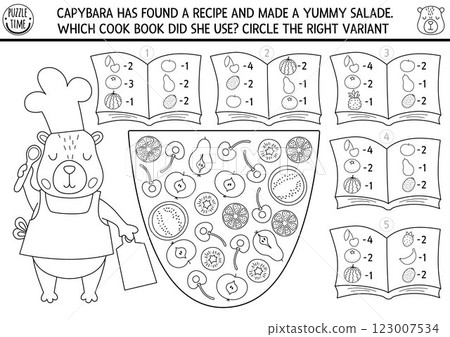Capybara black and white matching game with fruit salad recipe and cook books. Math and searching activity for kids. Educational printable counting worksheet, coloring page with capibara chef Capybara black and white matching game with fruit salad recipe and cook books. Math and searching activity for kids. Educational printable counting worksheet, coloring page with capibara chef 123007534