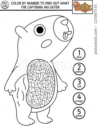 Vector line color by number activity with capybara and food in his stomach. Capibara black and white counting or colouring game. Simple coloring page for kids with cute animal and ice cream Vector line color by number activity with capybara and food in his stomach. Capibara black and white counting or colouring game. Simple coloring page for kids with cute animal and ice cream 123007535