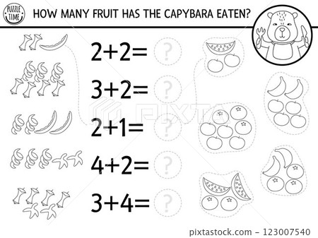 How many fruit black and white game with cute capybara. Capibara math addition activity for preschool children. Line printable counting worksheet, coloring page for kids with fruit peel How many fruit black and white game with cute capybara. Capibara math addition activity for preschool children. Line printable counting worksheet, coloring page for kids with fruit peel 123007540