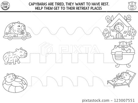 Vector black and white handwriting practice worksheet with capybaras. Printable line activity for kids with animals. Tracing game, coloring page. Help capibaras get to bath, house, sun lounger 123007551