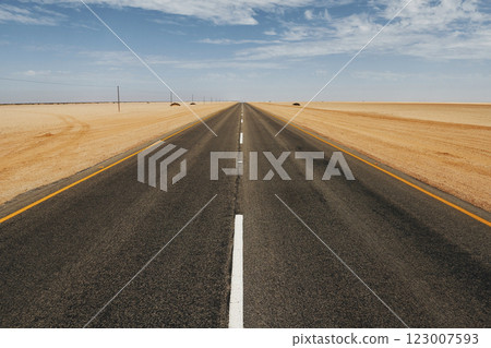 Straight surface. Majestic landscaped view of road in Africa, Namibia Straight surface. Majestic landscaped view of road in Africa, Namibia 123007593