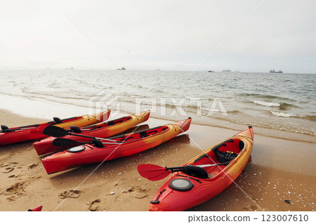 Kayaks is on the sand. Majestic view of the beach in the Africa 123007610
