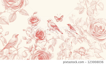 Red line drawing illustration of roses, birds and butterflies 123008036