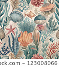 Illustration of a vibrant coral reef with diverse marine life in an underwater ecosystem 123008066
