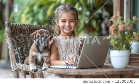 Cute caucasian girl in beautiful dress is making Cute caucasian girl in beautiful dress is making 123008303