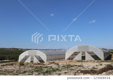 Greenhouses in agricultural landscape. Mediterranean agriculture, growing vegetables, fruits, flowers and other types of plants in greenhouses. 123008416