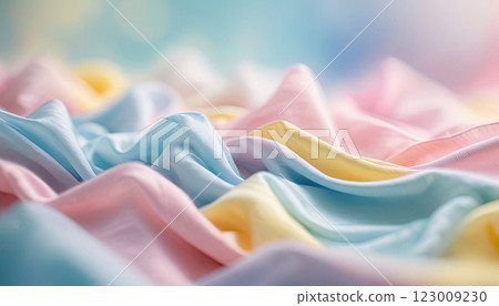 Flowing pastel colors pink, blue, yellow blend beautifully across the fabric waves, featuring gentle hues Flowing pastel colors pink, blue, yellow blend beautifully across the fabric waves, featuring gentle hues 123009230