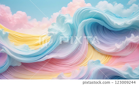 Flowing pastel colors pink, blue, yellow blend beautifully across the fabric waves, featuring gentle hues 123009244