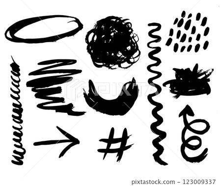 Grunge ink brush strokes elements. Black paint brush, stroke, line, grunge. Dirty textures of banners, boxes, frames and design elements. Black grunge brush stroke ink template collection 123009337