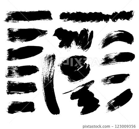 Grunge ink brush strokes elements. Black paint brush, stroke, line, grunge. Dirty textures of banners, boxes, frames and design elements. Black grunge brush stroke ink template collection 123009356
