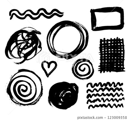 Grunge ink brush strokes elements. Black paint brush, stroke, line, grunge. Dirty textures of banners, boxes, frames and design elements. Black grunge brush stroke ink template collection 123009358