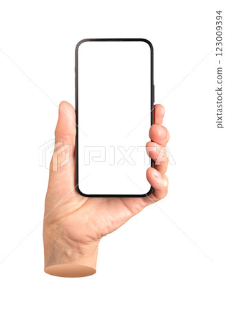 Elderly female hand holding a smartphone with a blank screen. Wrinkled fingers gripping the device, Elderly female hand holding a smartphone with a blank screen. Wrinkled fingers gripping the device, 123009394