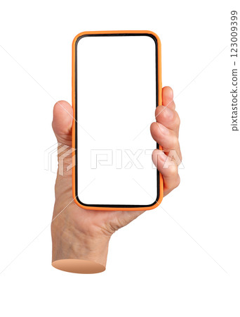 Elderly female hand holding a smartphone with an orange case and blank screen. Wrinkled fingers 123009399