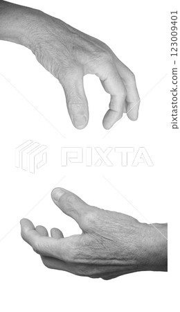 Elderly female hand in a delicate pinching gesture, fingers holding something tiny or invisible. 123009401