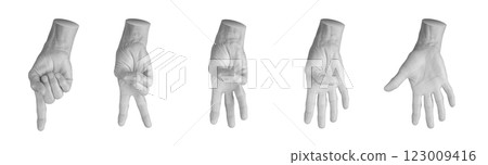 Set of elderly female hands displaying various counting gestures, including one to five, palm front Set of elderly female hands displaying various counting gestures, including one to five, palm front 123009416