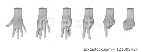 Set of elderly female hands displaying various counting gestures, including one to five, zero, and a 123009417