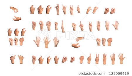 Set of elderly female hands displaying various gestures, including pointing, grabbing, counting, 123009419