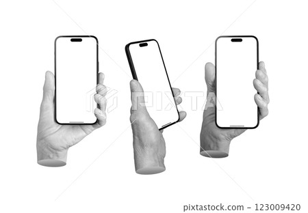 Set of elderly female hands holding smartphones with blank screens from various angles. Wrinkled Set of elderly female hands holding smartphones with blank screens from various angles. Wrinkled 123009420