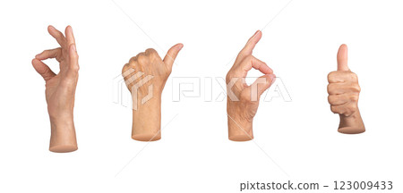 Set of elderly female hands making various approval gestures, including thumbs up and OK sign. Set of elderly female hands making various approval gestures, including thumbs up and OK sign. 123009433