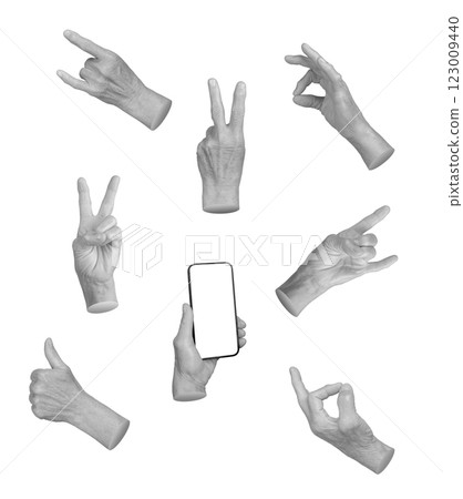 Set of elderly female hands making various gestures, including OK sign, rock sign, victory, peace, 123009440