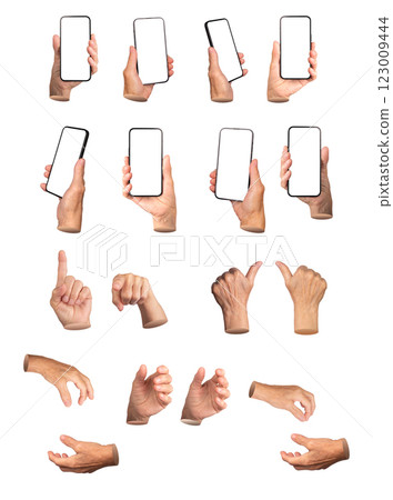 Set of elderly female hands making various gestures, including pointing, thumbs up, pinching, 123009444