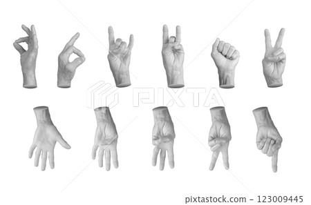 Set of elderly female hands making various gestures, including thumbs up, OK sign, peace sign, 123009445