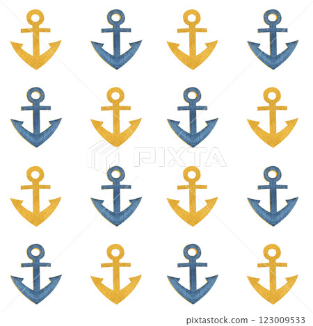 Anchor blue gold watercolor seamless pattern isolated on white. Hand painted art perfect for cards, wrapping paper, packaging, tickets, stationary tourism, travel, voyage design. Monochromatic clip 123009533