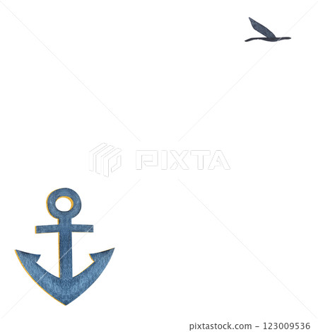 Blue anchor and flying bird watercolor frame isolated on white. Hand painted art perfect for cards, posters, packaging, tickets, stationary, tourism, travel and voyage design. Monochromatic clip art Blue anchor and flying bird watercolor frame isolated on white. Hand painted art perfect for cards, posters, packaging, tickets, stationary, tourism, travel and voyage design. Monochromatic clip art 123009536