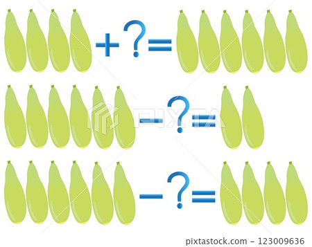 Action relationship of addition and subtraction, examples with zucchini. 123009636