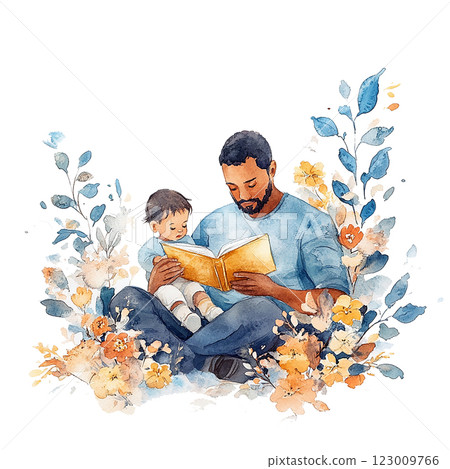 Father's day A man and a child are sitting in a field of flowers, with the man reading a book to the child. Concept of warmth and closeness between the two 123009766