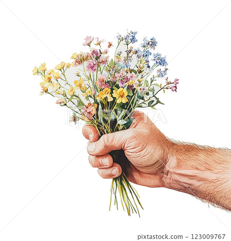 A hand holding a bouquet of flowers. The flowers are a mix of yellow, pink, and blue. The hand is holding the flowers in a way that makes them look like they are about to be given as a gift 123009767