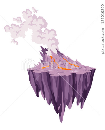 Game flying island with volcano. Flying platform of exotic nature game island. Colorful flat vector elements for fantasy computer or mobile game 123010200