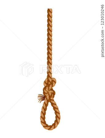 Hanging rope with tassel and node. Knitted nautical thread or marine vertical fiber. Textile tassel hang at rope isolated on white background. Vector illustration 123010246
