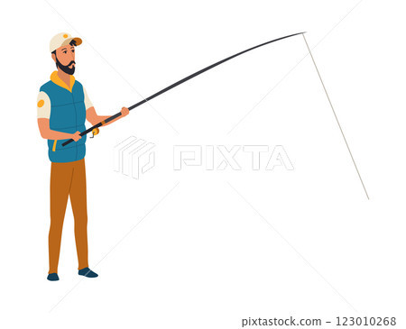 Cartoon men fishing. Male fishermen character with fishing rods on lake, summer catching process, men hobby recreation, leisure time, vector 123010268