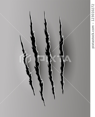 Bear or tiger claw mark. Scratches and torn traces of vector animal paw slashes. Hole in sheet of paper with torn edges. Vector illustration 123010272