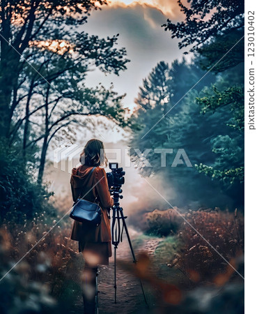 一名女子在森林中拿著相機 [AI 生成的影像] 123010402