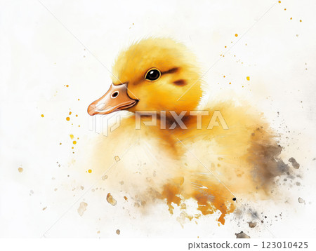 A soft watercolor-style digital painting of a fluffy duckling with warm golden tones 123010425
