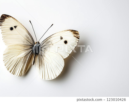 A delicate white butterfly with subtle black markings resting on a clean minimalist background 123010426