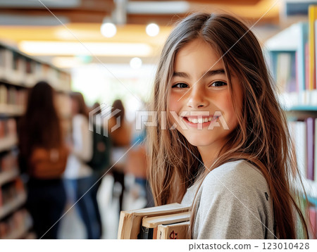 A young girl student with a bright smile holding books in a library, surrounded by shelves 123010428