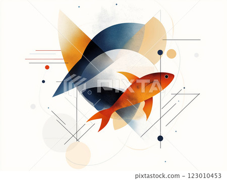 A modern abstract illustration of two stylized fish, one in warm orange and the other in deep blue 123010453