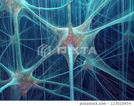 A complex digital visualization of a neural network with glowing synapses and intricate connections 123010454