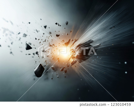 A futuristic spaceship breaking apart in a high-speed explosion, with glowing fire 123010459