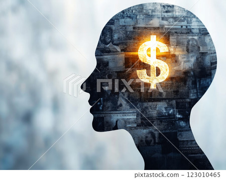 A conceptual silhouette of a human head with a glowing dollar sign inside, representing financial intelligence A conceptual silhouette of a human head with a glowing dollar sign inside, representing financial intelligence 123010465