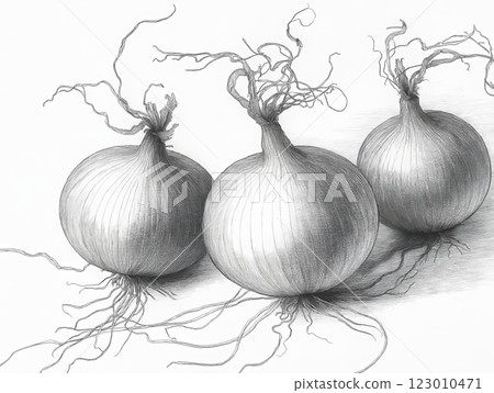 A detailed black and white engraved-style illustration of three onions with twisted roots A detailed black and white engraved-style illustration of three onions with twisted roots 123010471