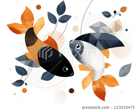 A modern abstract illustration of two koi fish in black, white, and orange A modern abstract illustration of two koi fish in black, white, and orange 123010473