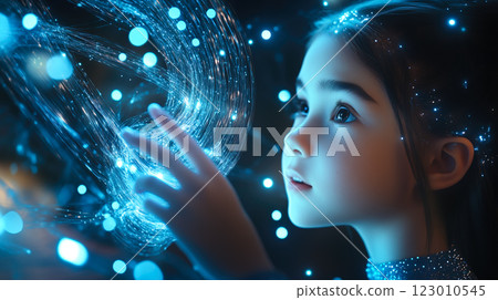 A kid girl interacts with a neural network display. The concept of early learning, future technology, and the curiosity-driven exploration of AI. Generative AI 123010545